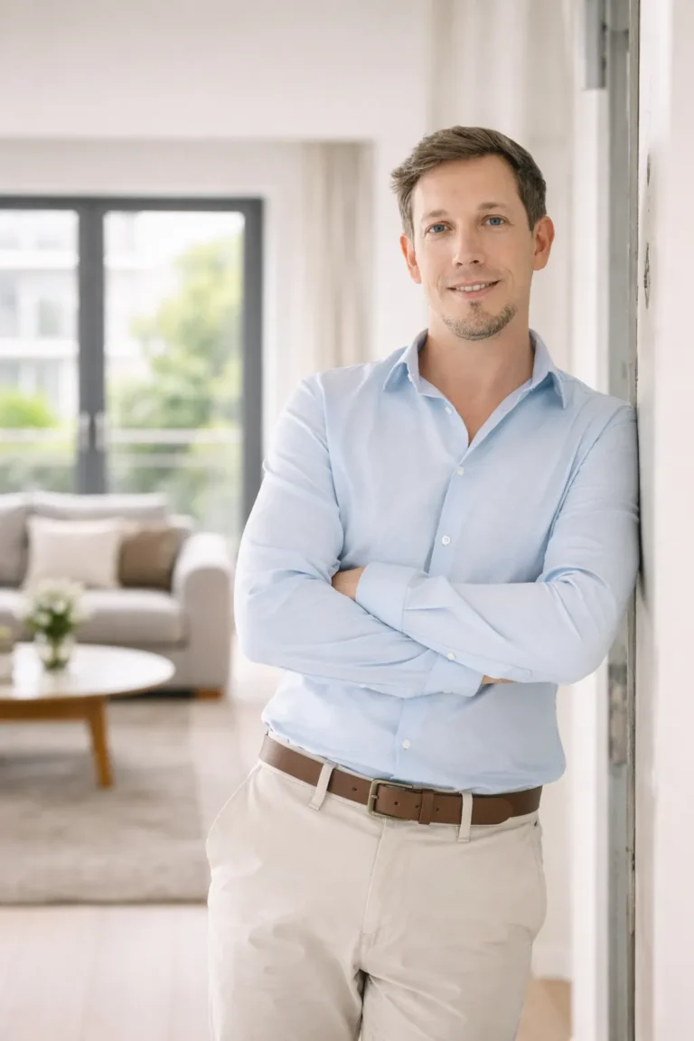 Daniel Maaßen, Immobilienmakler Viersen, steht in einer Wohnung an einen Türrahmen angelehnt in beiger Hose und blauem Hemd. Er verschränkt locker seine Hände und lächelt in die Kamera.