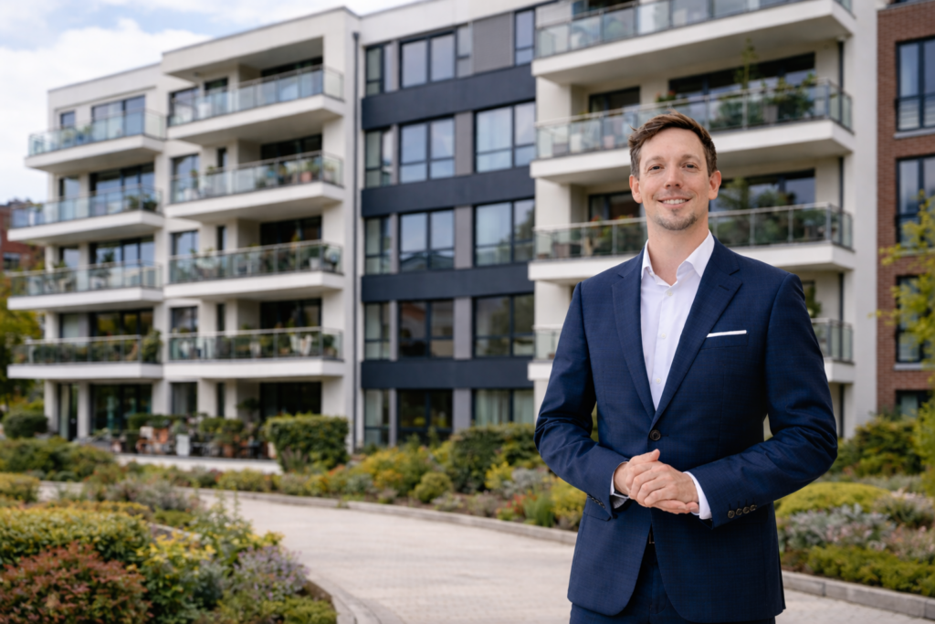 Daniel Maaßen, Immobilienmakler Viersen, steht vor einem modernen Mehrfamilienhaus welches als Kapitalanlage an Unternehmer im Immobilienbereich verkauft werden soll. Er trägt einen dunkelblauen, feinen Maßanzug und lächelt in die Kamera. Seine Hände sind vor dem Körper gefaltet und er trägt ein weißes Hemd.